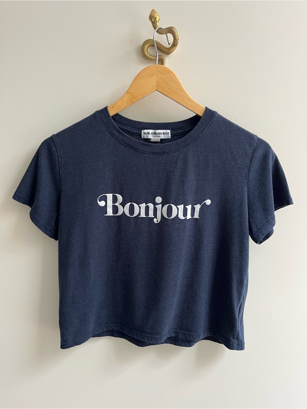 Suburban Riot Bonjour Graphic Crop Short Sleeve Tee Navy White XS
